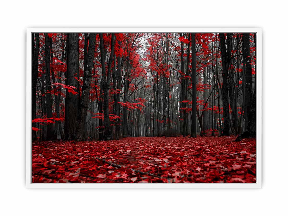 Red forest path canvas art with black trees for dramatic hallway wall decor.