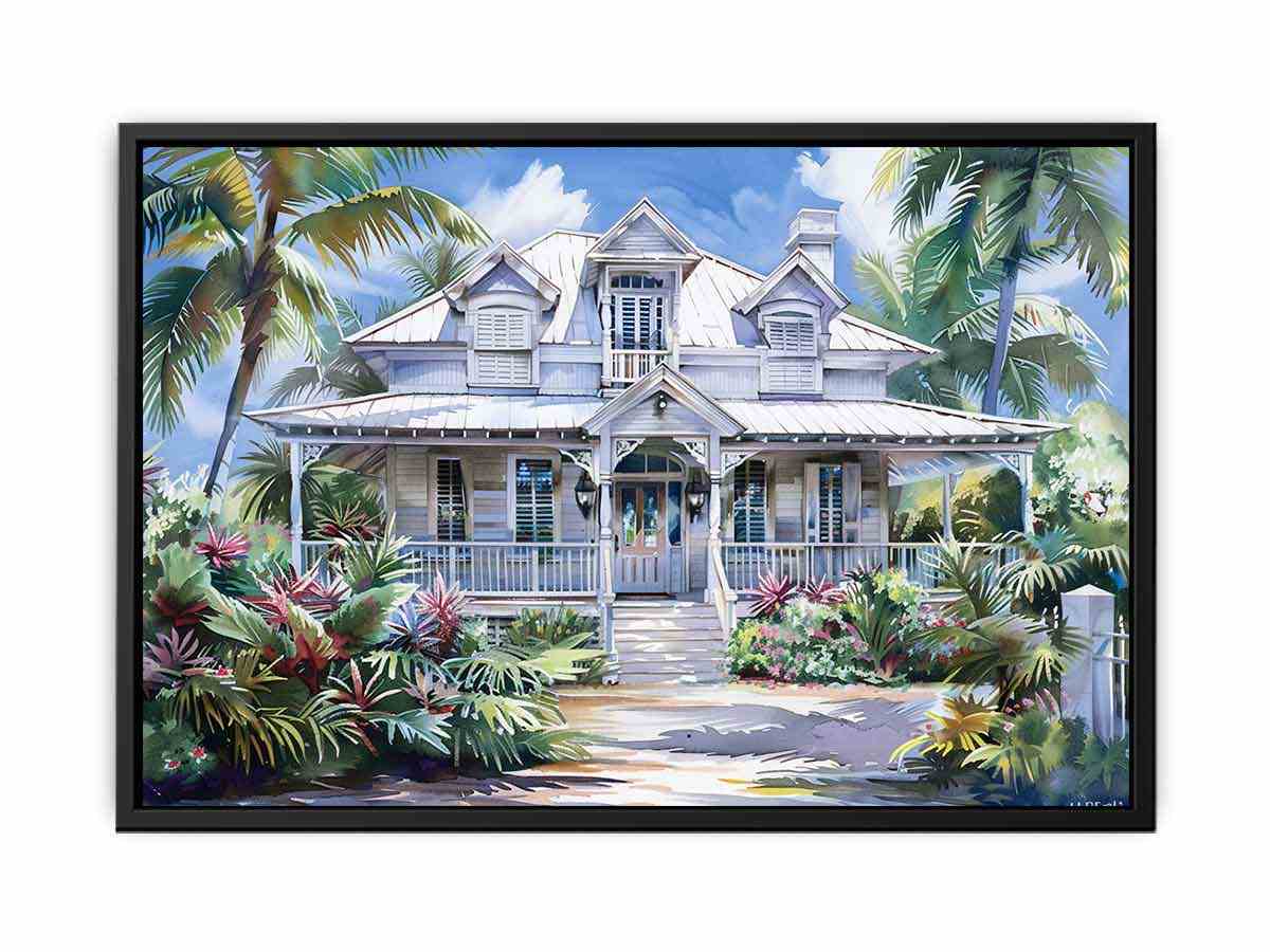 White coastal house canvas art with palm trees for bright Hamptons living room decor.