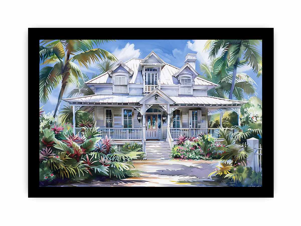 White coastal house canvas art with palm trees for bright Hamptons living room decor.