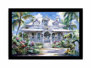 White coastal house canvas art with palm trees for bright Hamptons living room decor.