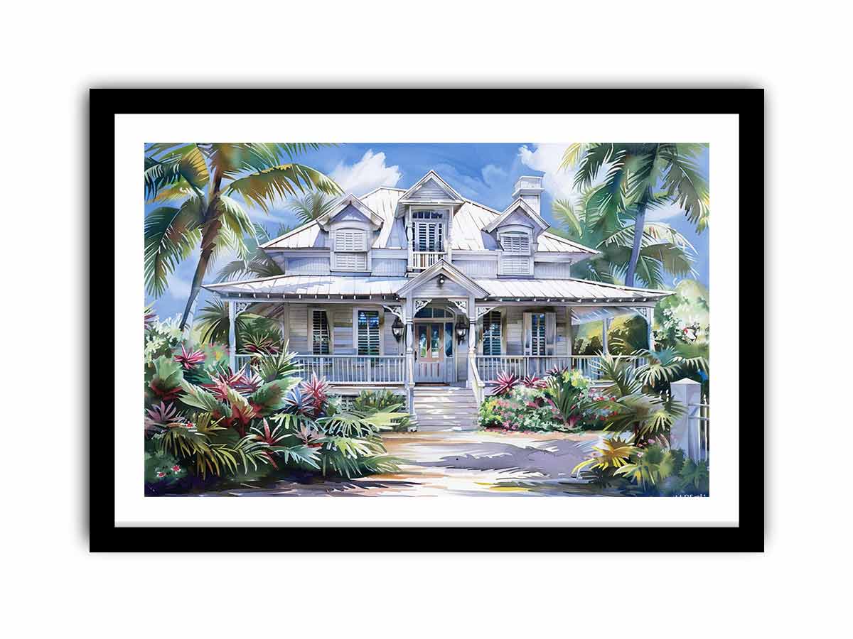 White coastal house canvas art with palm trees for bright Hamptons living room decor.