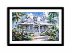 White coastal house canvas art with palm trees for bright Hamptons living room decor.