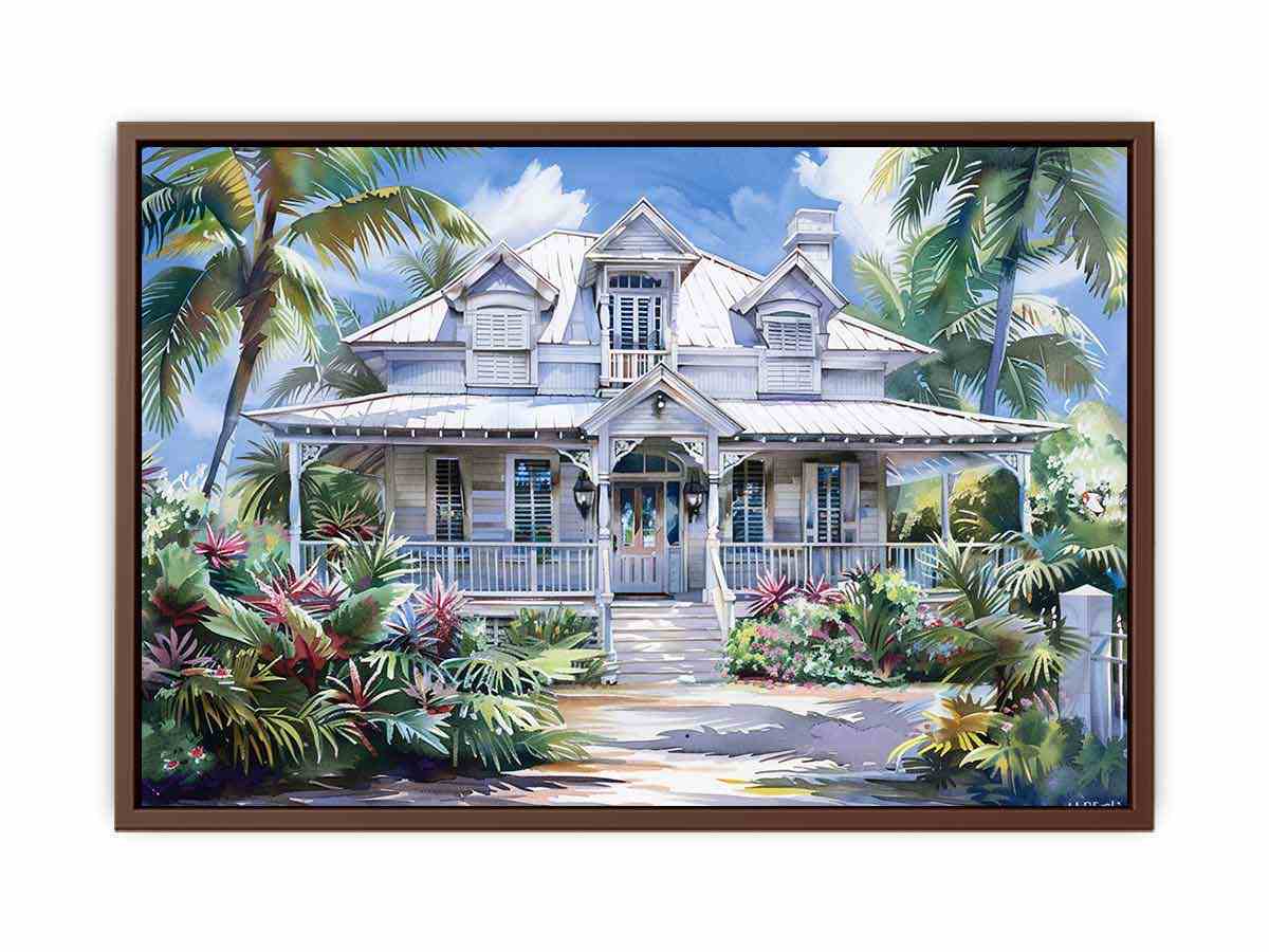 White coastal house canvas art with palm trees for bright Hamptons living room decor.