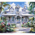 White coastal house canvas art with palm trees for bright Hamptons living room decor.