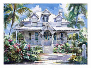 White coastal house canvas art with palm trees for bright Hamptons living room decor.