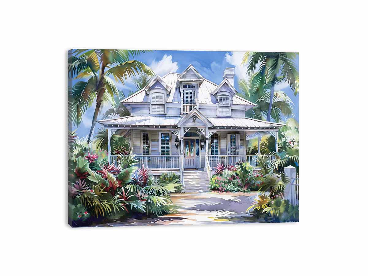 White coastal house canvas art with palm trees for bright Hamptons living room decor.