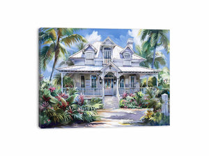 White coastal house canvas art with palm trees for bright Hamptons living room decor.