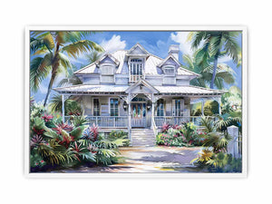 White coastal house canvas art with palm trees for bright Hamptons living room decor.