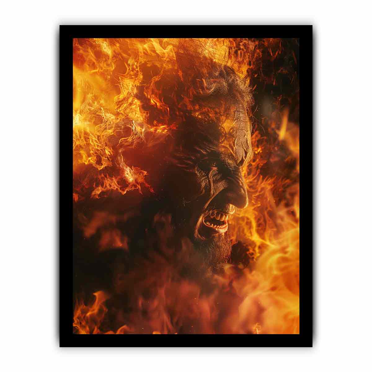 Fiery fantasy portrait canvas art with orange flames for dramatic game room decor.