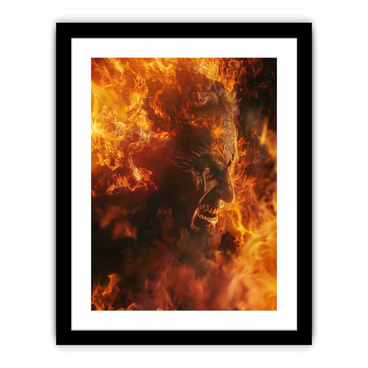 Fiery fantasy portrait canvas art with orange flames for dramatic game room decor.