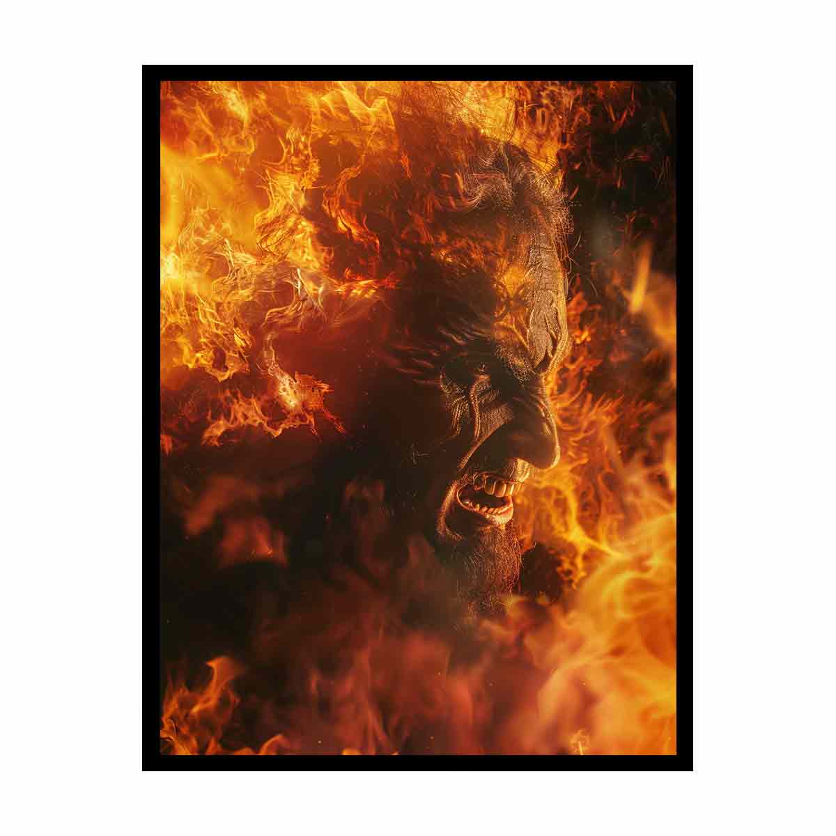 Fiery fantasy portrait canvas art with orange flames for dramatic game room decor.