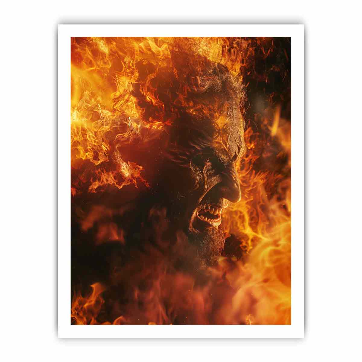 Fiery fantasy portrait canvas art with orange flames for dramatic game room decor.
