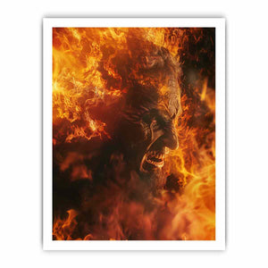 Fiery fantasy portrait canvas art with orange flames for dramatic game room decor.