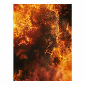 Fiery fantasy portrait canvas art with orange flames for dramatic game room decor.