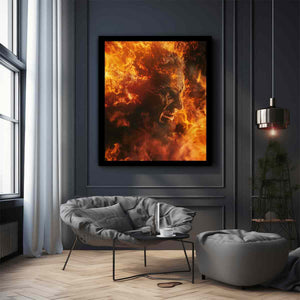 Fiery fantasy portrait canvas art with orange flames for dramatic game room decor.