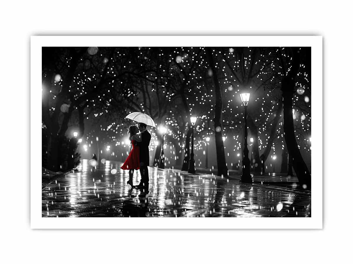 Romantic couple under umbrella canvas art with red dress for bedroom wall decor.