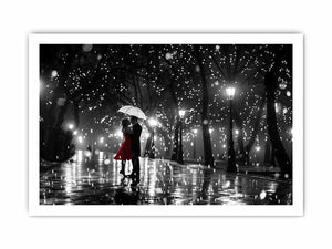 Romantic couple under umbrella canvas art with red dress for bedroom wall decor.