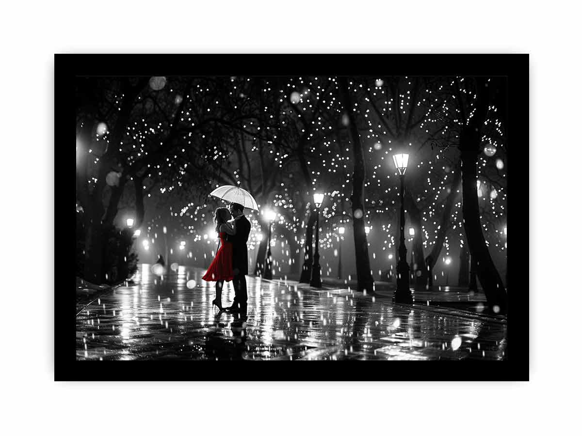 Romantic couple under umbrella canvas art with red dress for bedroom wall decor.