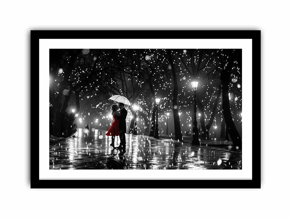 Romantic couple under umbrella canvas art with red dress for bedroom wall decor.