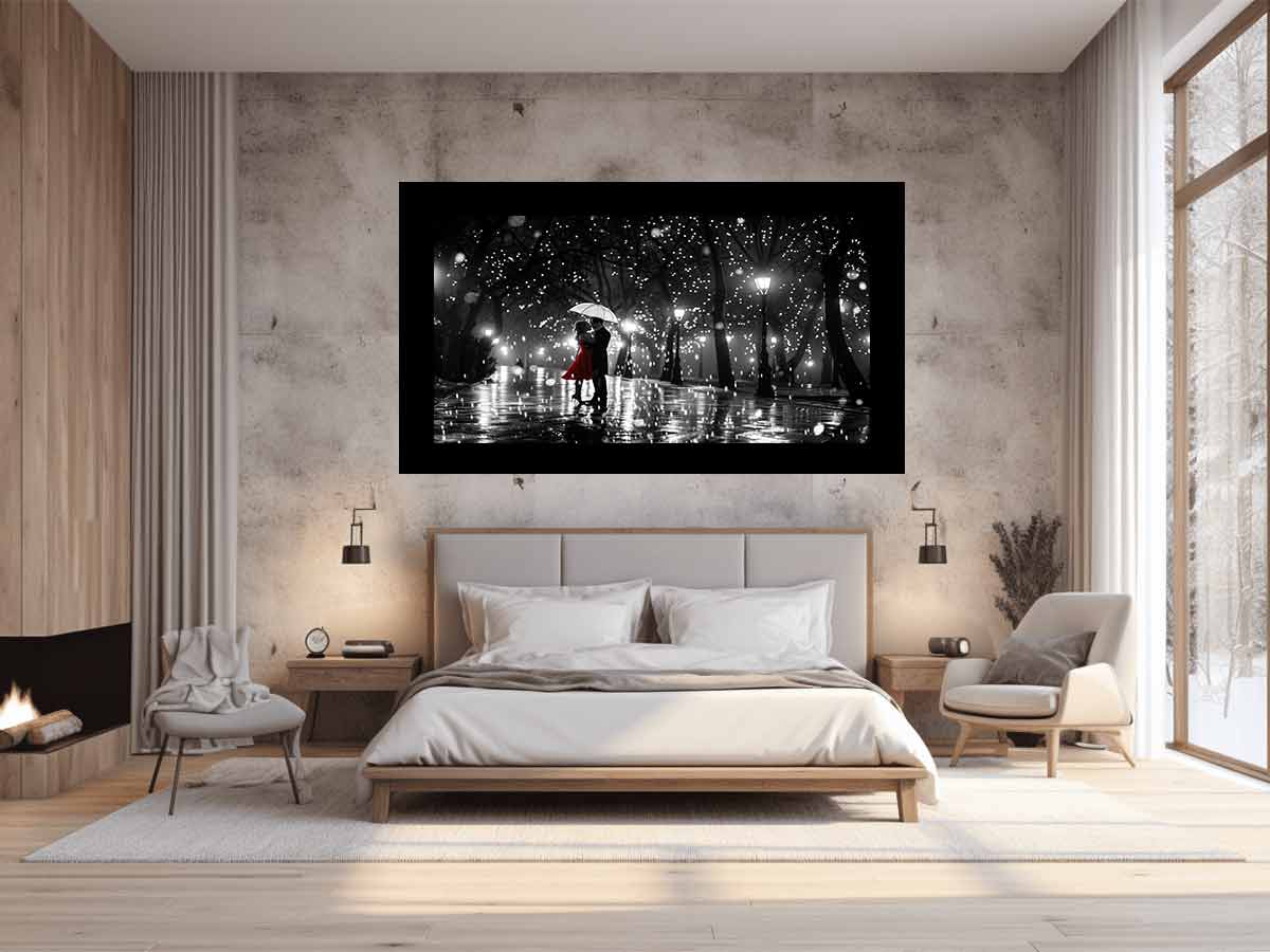 Romantic couple under umbrella canvas art with red dress for bedroom wall decor.