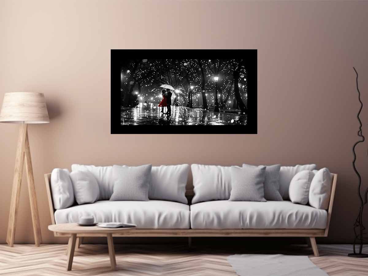 Romantic couple under umbrella canvas art with red dress for bedroom wall decor.