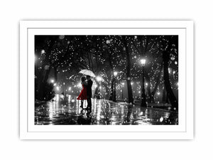 Romantic couple under umbrella canvas art with red dress for bedroom wall decor.