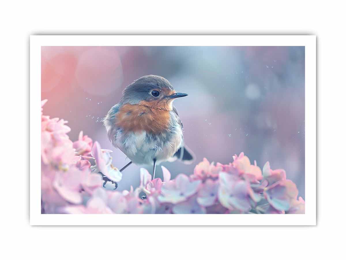 Pastel robin canvas art with pink flowers for soft cottagecore bedroom decor.
