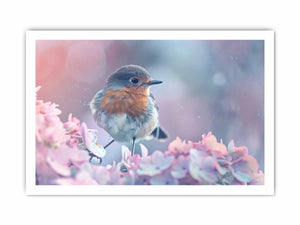 Pastel robin canvas art with pink flowers for soft cottagecore bedroom decor.
