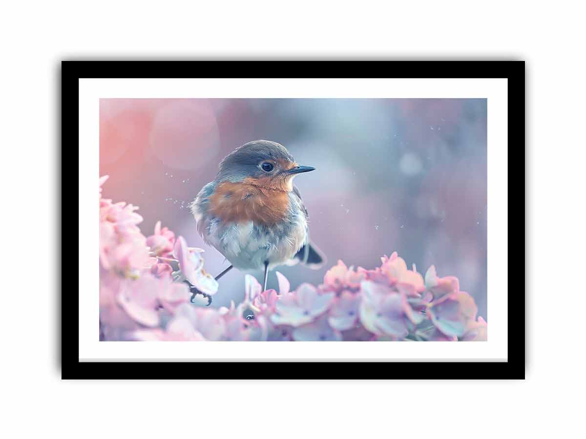Pastel robin canvas art with pink flowers for soft cottagecore bedroom decor.