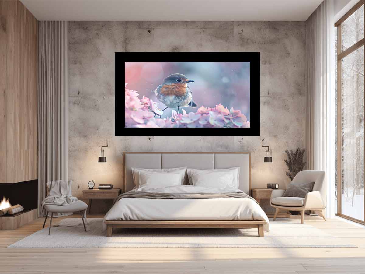 Pastel robin canvas art with pink flowers for soft cottagecore bedroom decor.