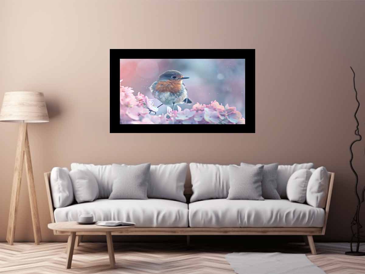 Pastel robin canvas art with pink flowers for soft cottagecore bedroom decor.