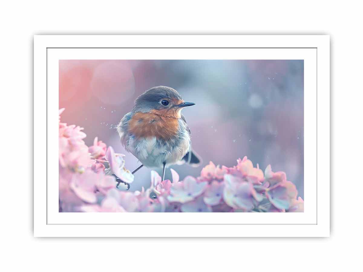 Pastel robin canvas art with pink flowers for soft cottagecore bedroom decor.
