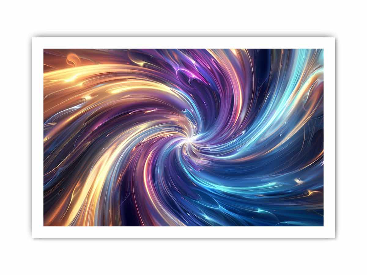 Colorful abstract vortex canvas art with blue and gold light for modern office decor.