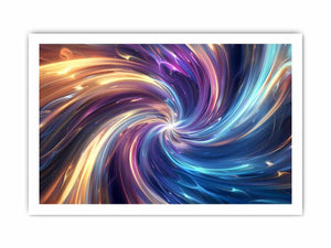 Colorful abstract vortex canvas art with blue and gold light for modern office decor.