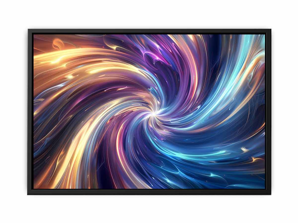 Colorful abstract vortex canvas art with blue and gold light for modern office decor.