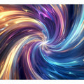 Colorful abstract vortex canvas art with blue and gold light for modern office decor.