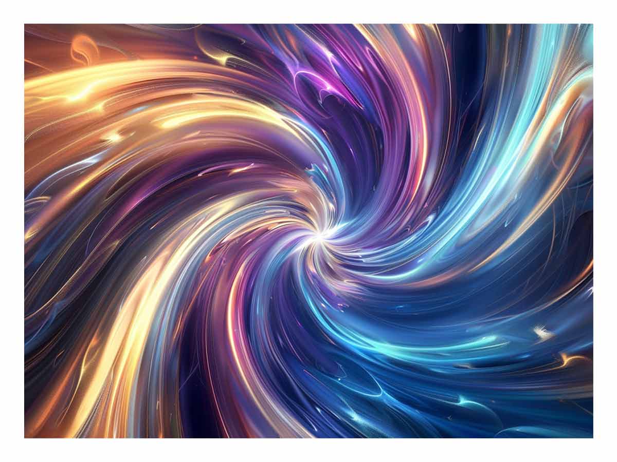 Colorful abstract vortex canvas art with blue and gold light for modern office decor.
