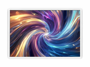 Colorful abstract vortex canvas art with blue and gold light for modern office decor.