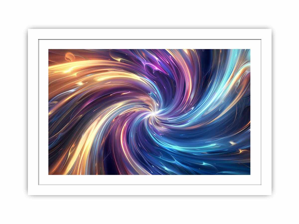 Colorful abstract vortex canvas art with blue and gold light for modern office decor.