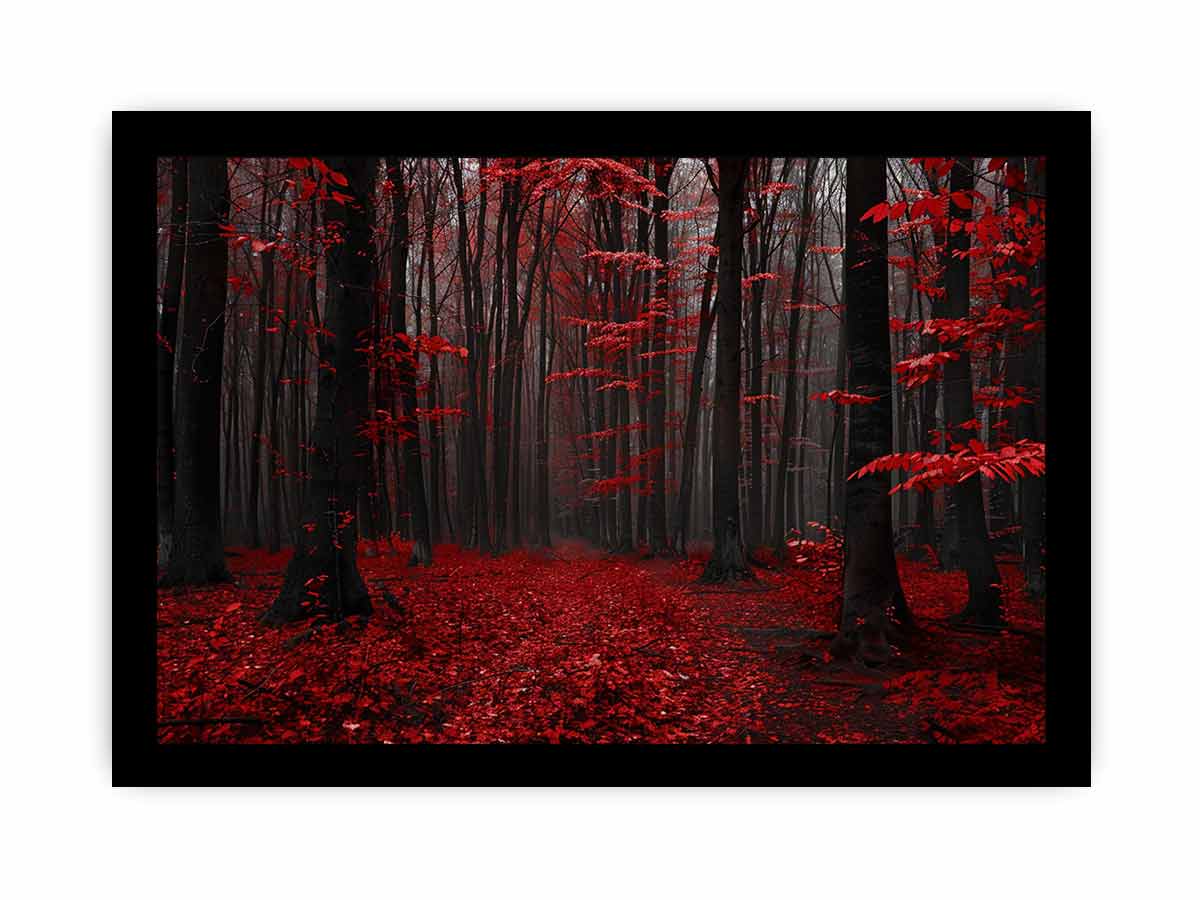 Dark forest canvas art with red leaves and mist for modern living room decor.