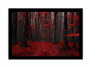 Dark forest canvas art with red leaves and mist for modern living room decor.