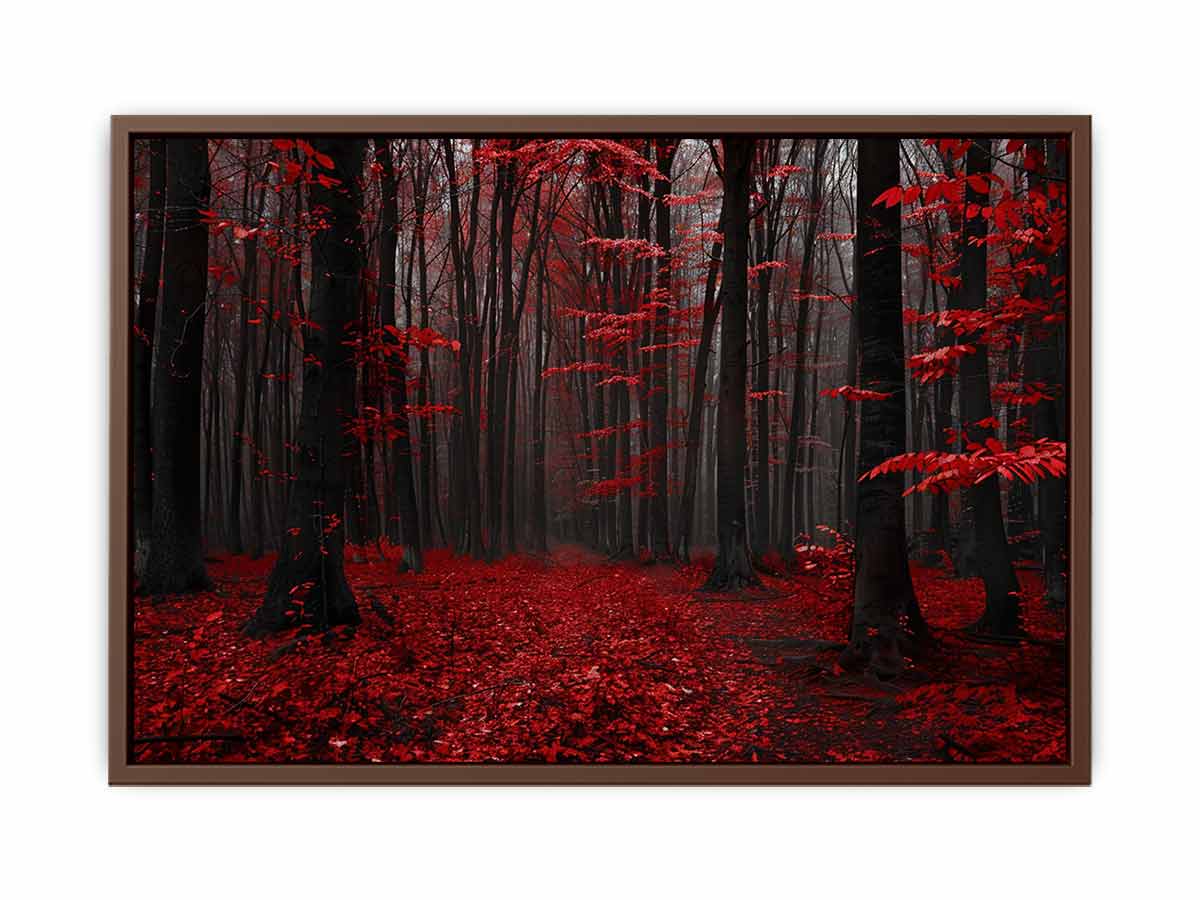 Dark forest canvas art with red leaves and mist for modern living room decor.