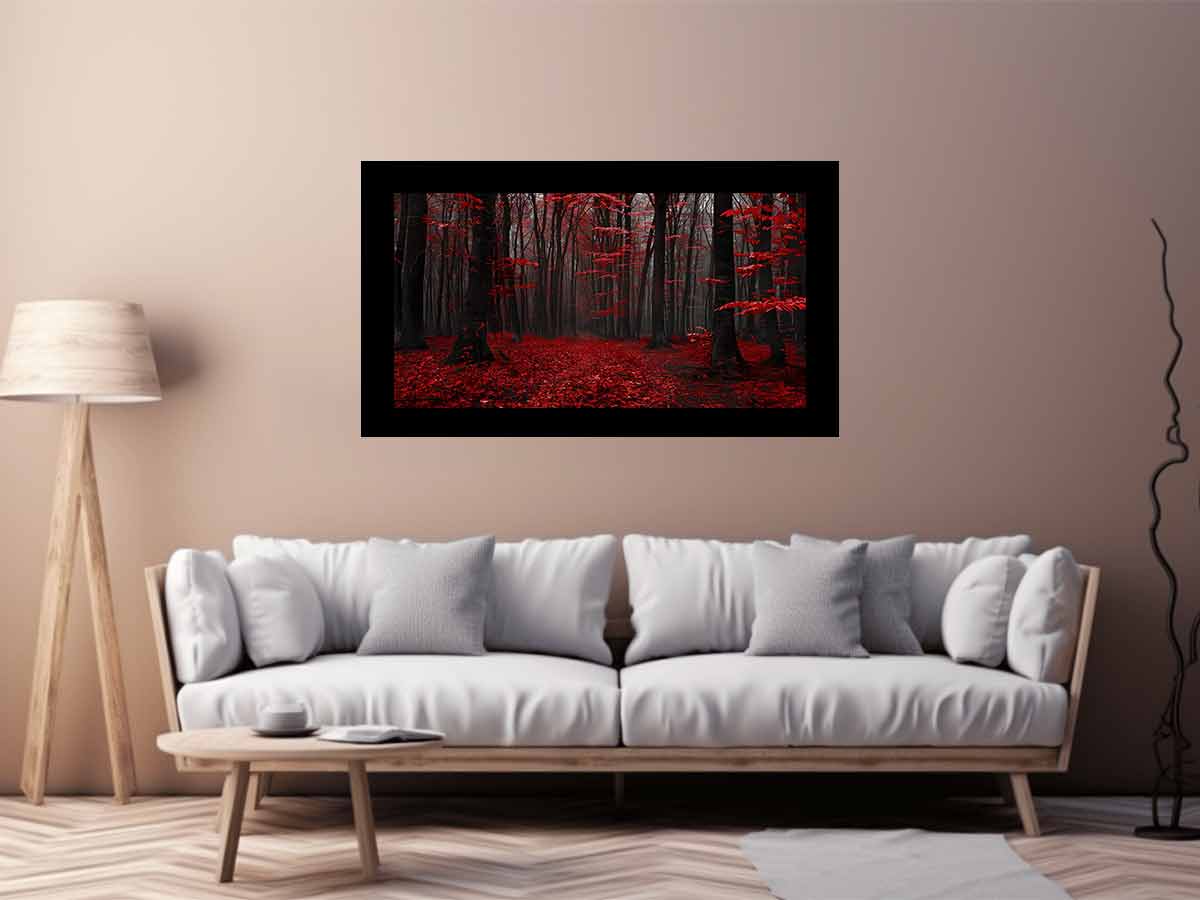 Dark forest canvas art with red leaves and mist for modern living room decor.