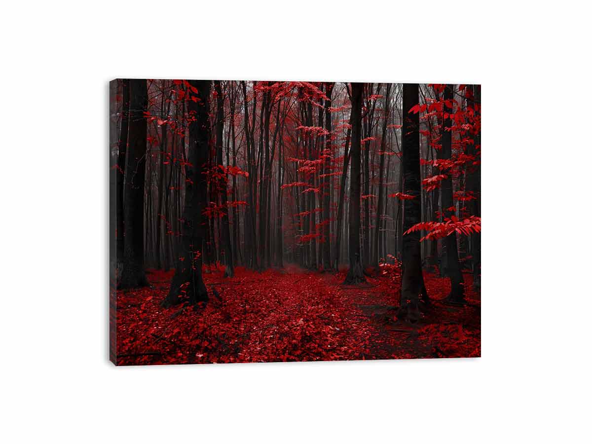 Dark forest canvas art with red leaves and mist for modern living room decor.