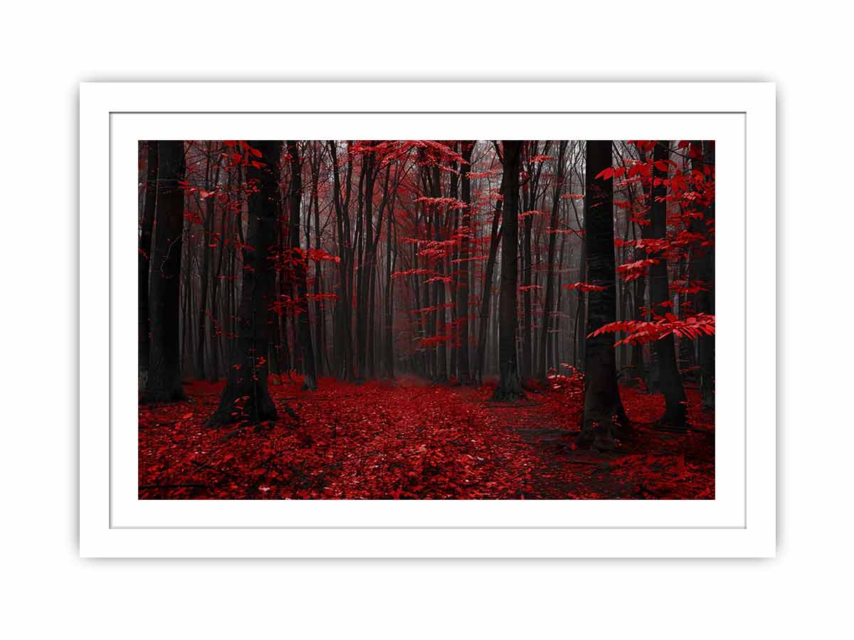 Dark forest canvas art with red leaves and mist for modern living room decor.