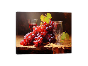 Vintage grape still life canvas art with glassware for dining room decor.