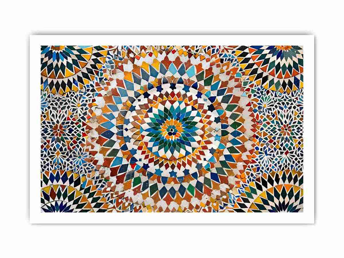 Colorful Moroccan mosaic canvas art with geometric tile pattern for dining room decor.