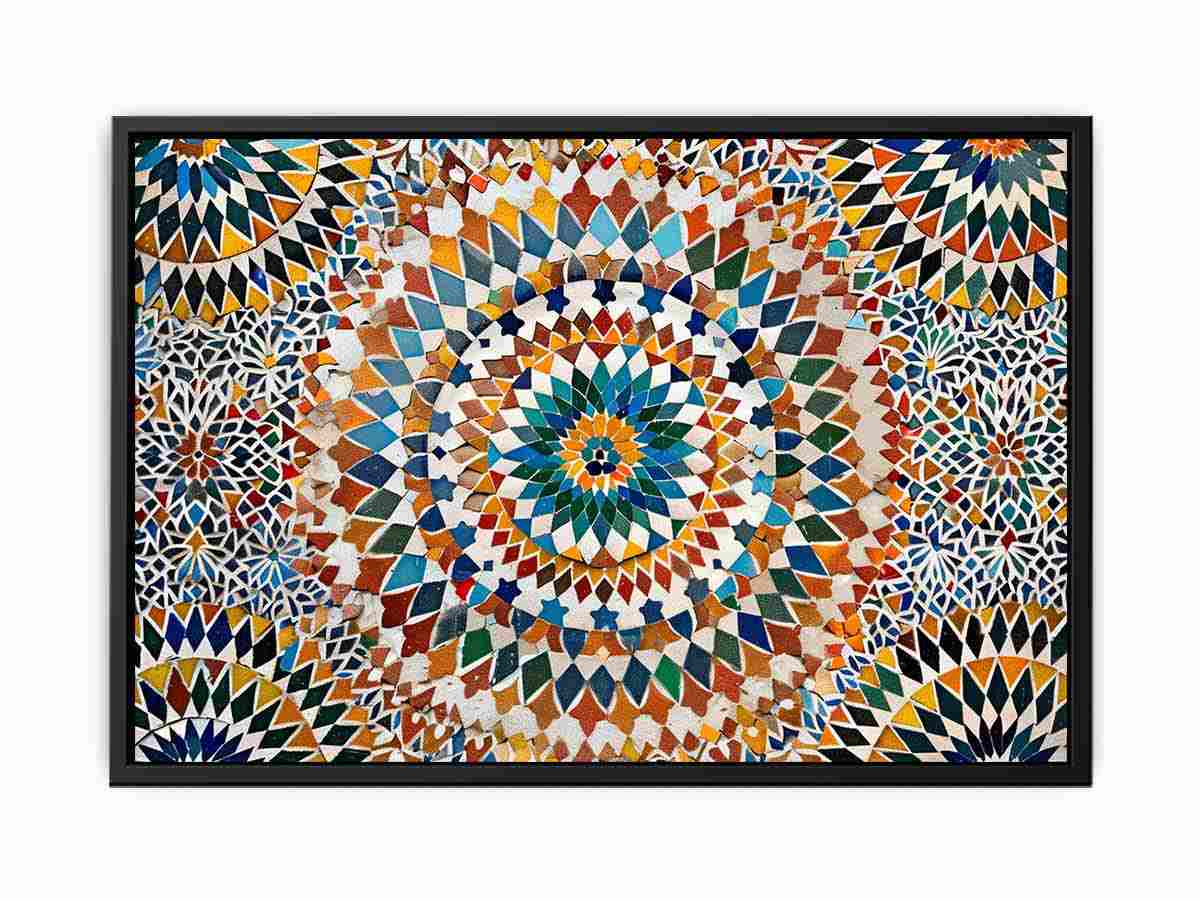 Colorful Moroccan mosaic canvas art with geometric tile pattern for dining room decor.