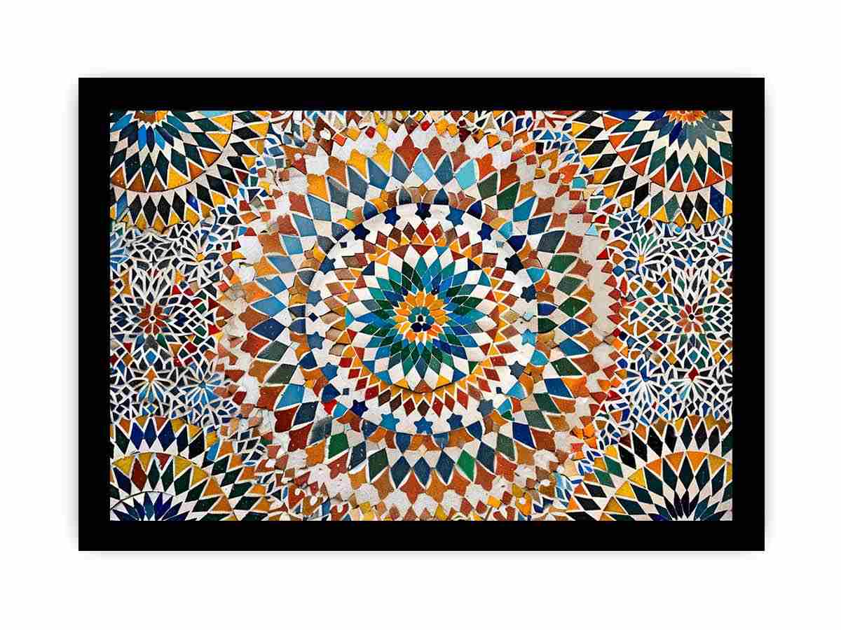 Colorful Moroccan mosaic canvas art with geometric tile pattern for dining room decor.