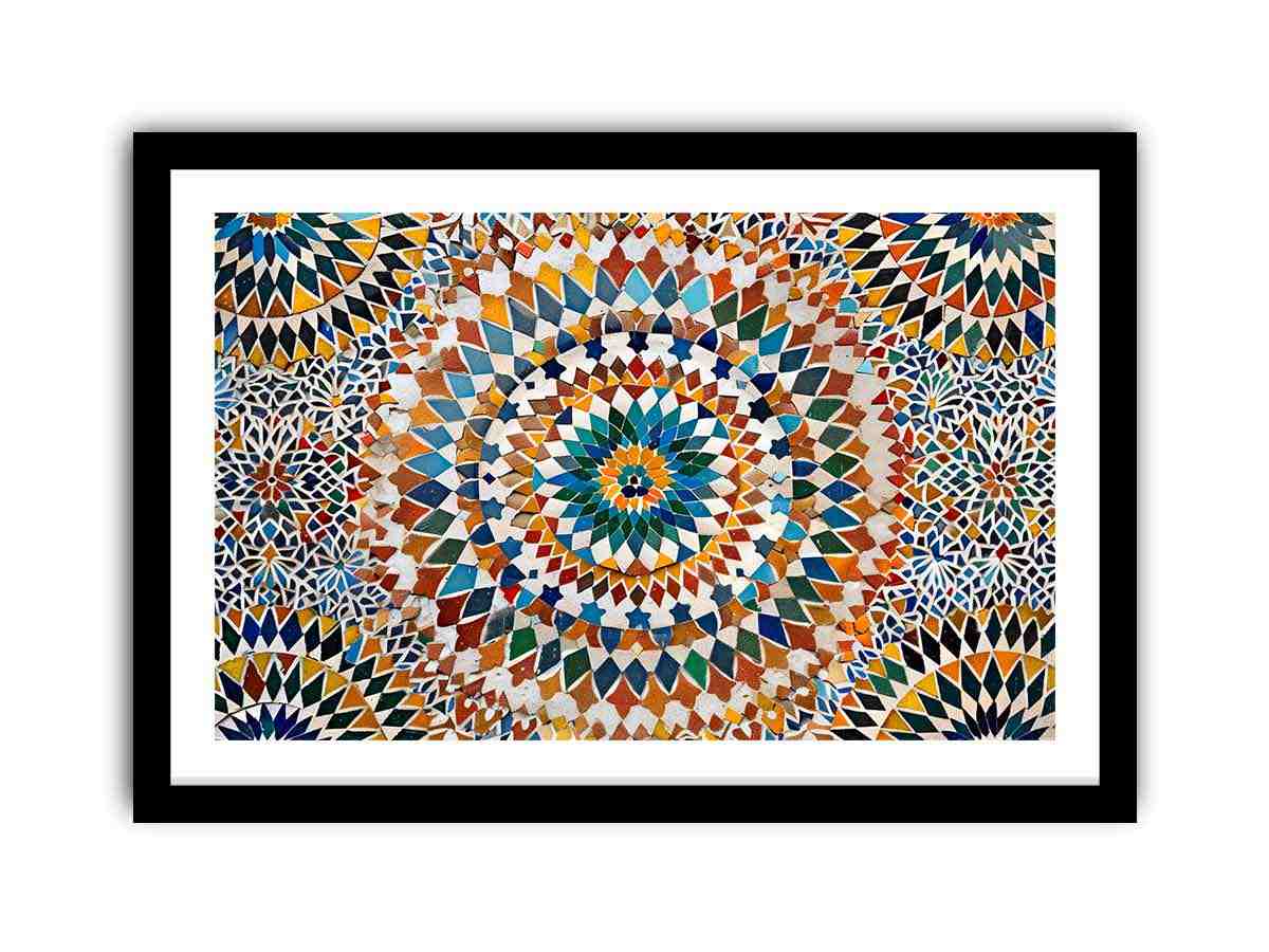 Colorful Moroccan mosaic canvas art with geometric tile pattern for dining room decor.